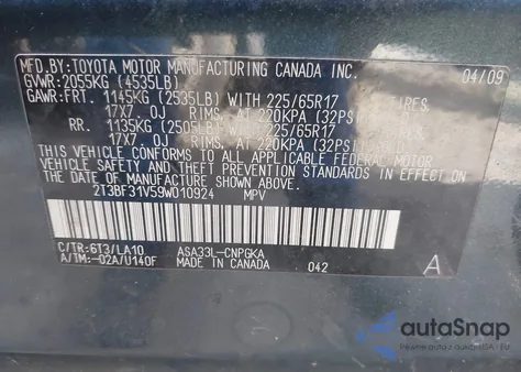 2009 Toyota Rav4 Limited from USA, damaged, VIN 2T3BF31V59W010924